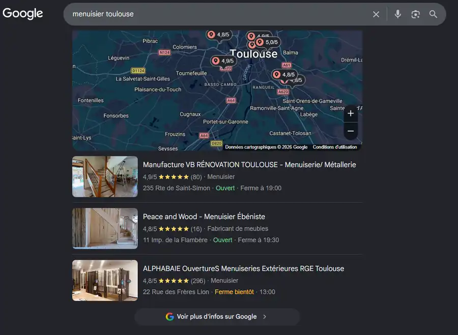 Résultats Google pour la recherche « menuisier toulouse » : carte Google Maps et 3 menuisiers mis en avant avec leurs avis
