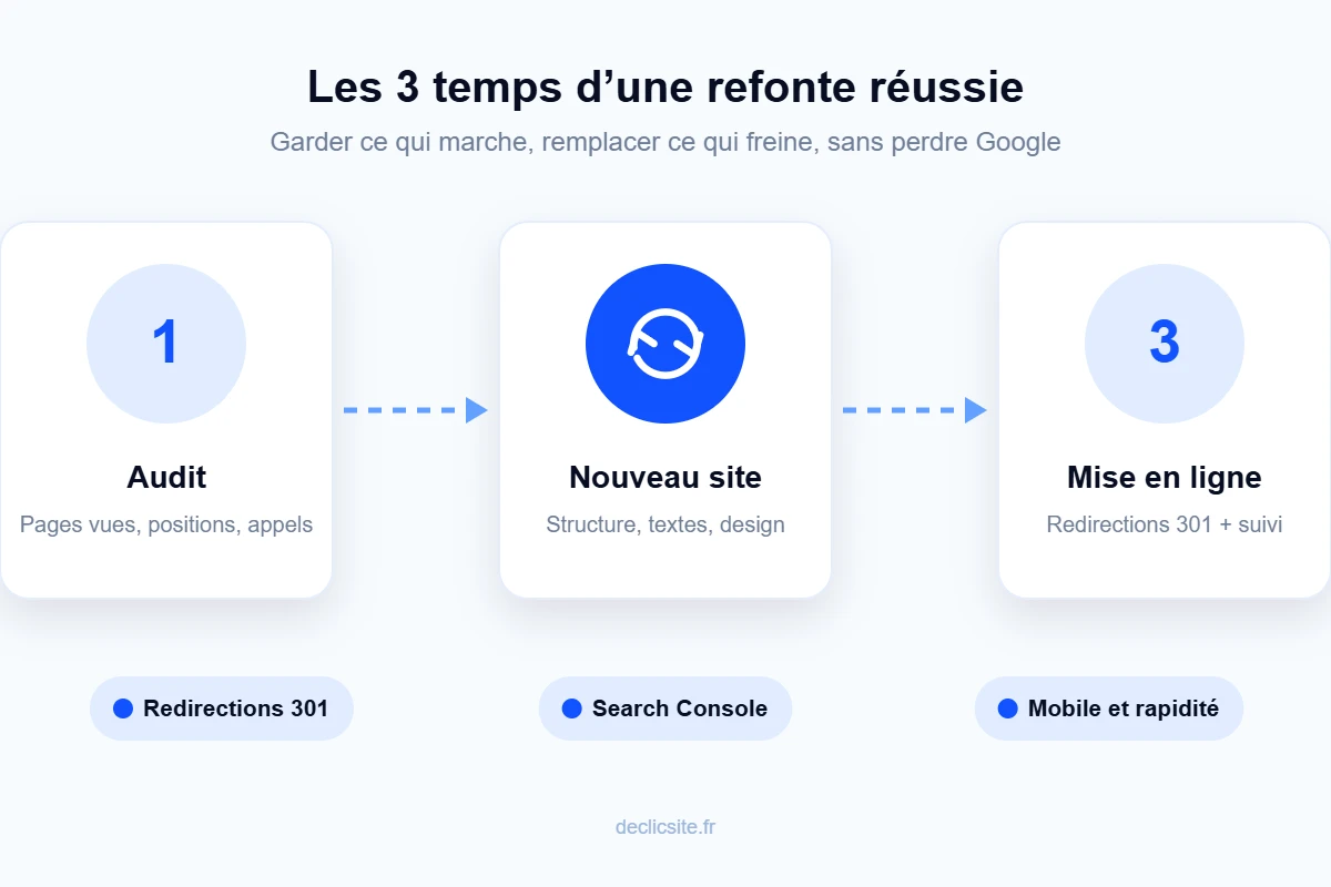 Refonte site internet : schéma des étapes audit, nouveau site et redirections 301